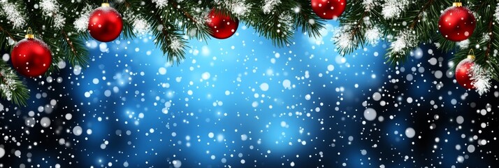 Christmas baubles balls and pine branches. Horizontal banner web poster, header for website minimal design with gift box