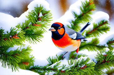 A beautiful bullfinch on a branch of a fir tree in the winter forest.