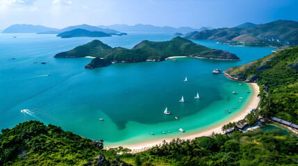 Naklejka premium Tropical Island Beach with Turquoise Waters and Lush Green Hills