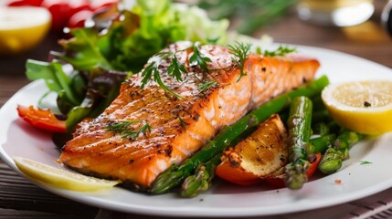 Delicious baked salmon with fresh green salad and asparagus on a white plate for health enthusiasts