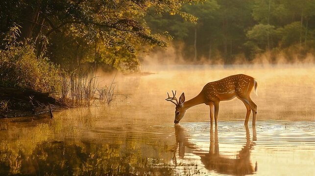   A deer drinking from a pond with trees surrounding it and a hazy fog in the foreground