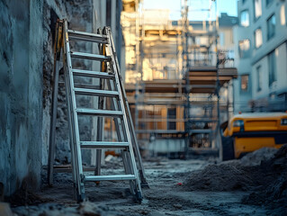 A metal ladder against a wall at a construction site, with scaffolding and buildings in the background.