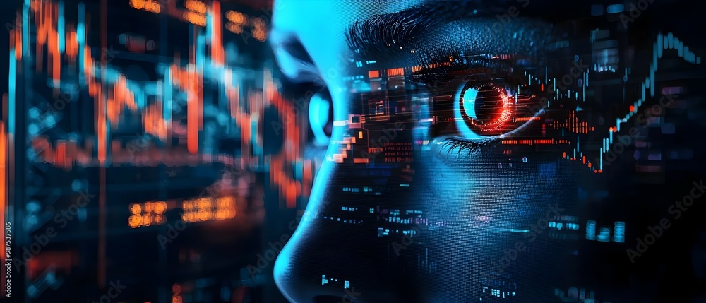 Poster robotic face with abstract market charts and financial data reflecting in its futuristic cyberpunk i