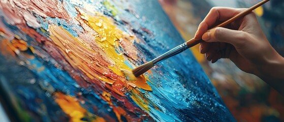 Obraz premium Closeup of an abstract vibrant painting on canvas showcasing a dynamic composition of colorful expressive brushstrokes that symbolize fresh beginnings