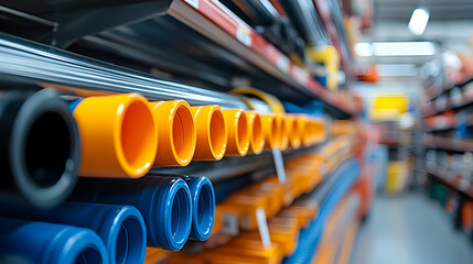 Close-up of colorful pipes arranged on shelves in a hardware store.