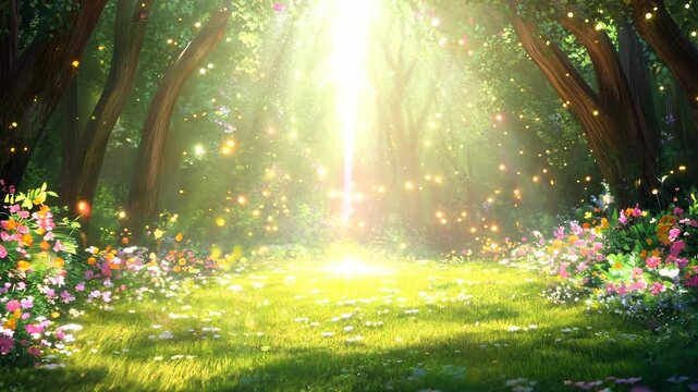 Enchanted forest clearing with glowing fireflies and blooming flowers.