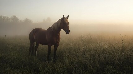  A horse stands amidst tall grass on a foggy day with the sun shining through tree branches