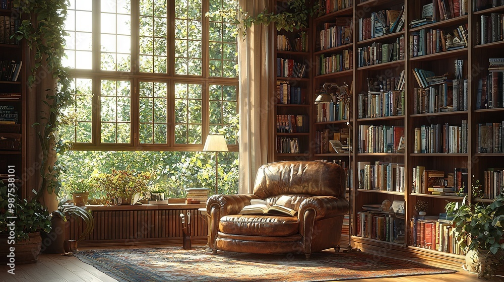 Sticker   A leather chair in front of a bookshelf filled with books, and a lamp in the room's corner