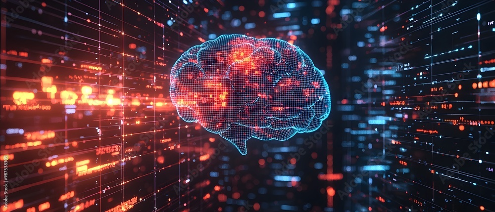 Poster futuristic brain connected to real time market data feeds visualizing complex financial data neural 