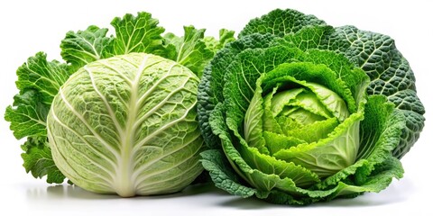 Fototapeta premium Green and leafy vegetables, cabbage with tightly packed leaves and lettuce with loose layers, visually harmonious on a sleek white background.