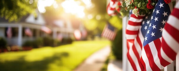 Patriotic decorations on a front porch with American flags and red