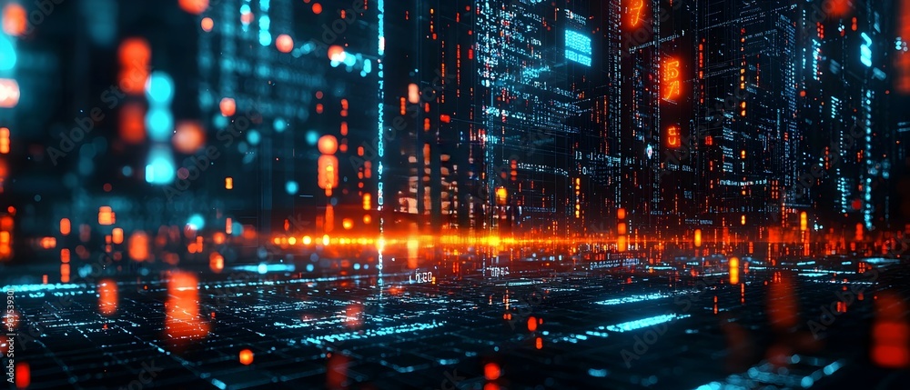 Poster futuristic cityscape with illuminated skyscrapers neon lights and floating data visualizations repre