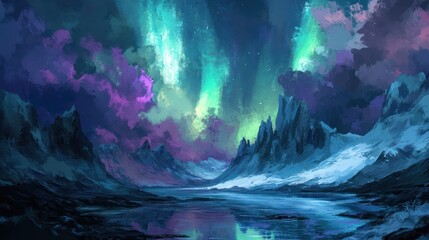 Breathtaking Northern Lights Over Snowy Mountains and Lake - Fantasy Landscape for Nature Photography