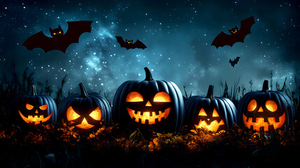 Fototapeta premium Eerie 3D Black Pumpkins with Glowing Smiles