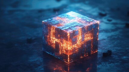 A glowing 3D cube with layers of complex, abstract patterns inside, rotating in an empty, dark space.