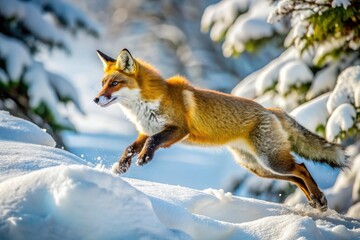 Fototapeta premium In a serene winter wonderland, a graceful fox bounds through fluffy, freshly fallen snow, its vibrant fur contrasting beautifully with the soft white landscape.