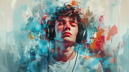 Modern artwork. Young man listening to music over light background