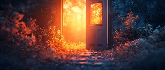 Fototapeta premium Enchanting Doorway Leading to a Bright Lush Forest Landscape A Symbol of New Beginnings Opportunity and Transformation