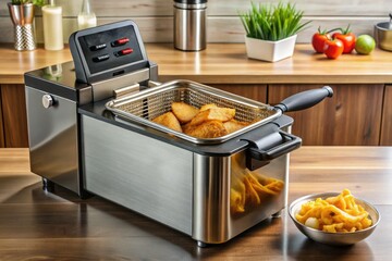 Indulge in crispy delights with this sleek deep fryer's stainless steel housing and digital display, perfect for home cooking and precision temperature control.