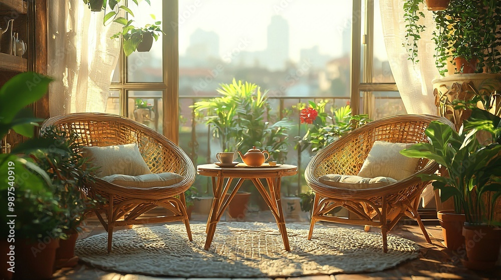 Wall mural a cozy living room featuring two wicker chairs and a compact table hosting a vibrant potted plant