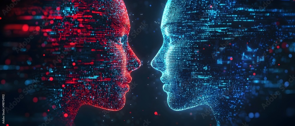 Poster futuristic trading bots exchanging binary code instead of currency illustrating virtual transactions