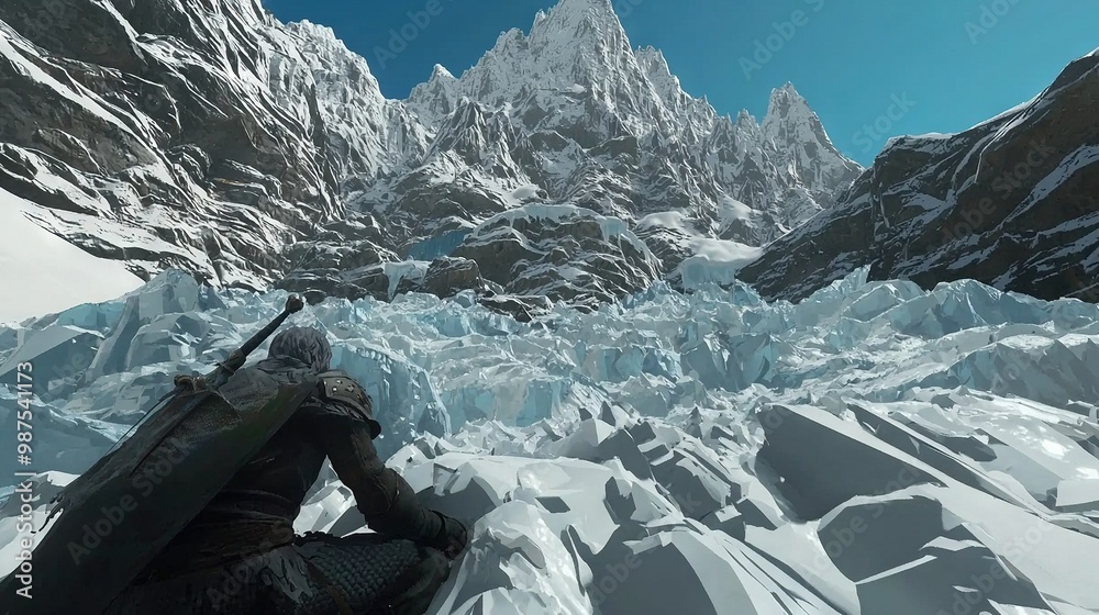 Canvas Prints   A man sits on a snow-covered mountaintop, adjacent to another mountain blanketed in snow