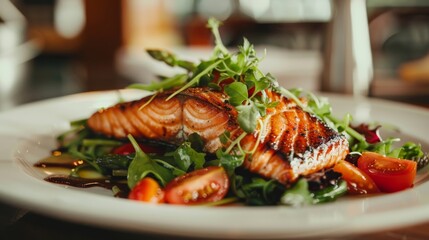 Delicious baked salmon with fresh green salad and asparagus on a white plate for seafood enthusiasts