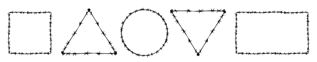 Barb wire shapes, border and pattern texture design vector graphic. Basic geometric shapes collection vector set. Brush and stroke vector design. 