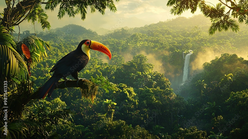 Canvas Prints   A toucan perches on a branch, framing a breathtaking view of a waterfall and verdant forest