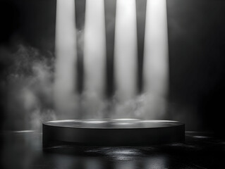 A dramatic stage with spotlights and mist, perfect for showcasing products or performances.