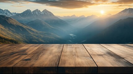 Wooden Tabletop with Blurred Mountain Sunset Background