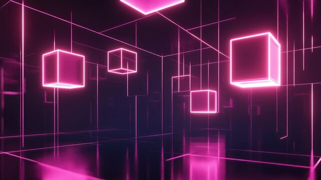 Fototapeta Floating 3D cubes made of glowing neon lines, suspended in a grid-like arrangement in an empty, dark space.
