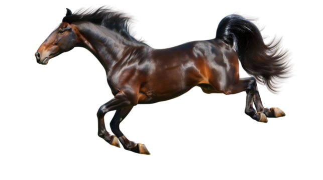 A horse with a long mane and tail is running isolated on white or transparent background, png clipart, design element. Easy to place object on any other background.