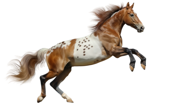 A horse with a long mane and tail is running isolated on white or transparent background, png clipart, design element. Easy to place object on any other background.