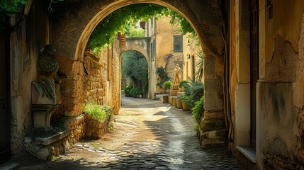 Naklejka premium Hidden Oasis: Discover the Enchanting Archway Leading to a Secret Garden
