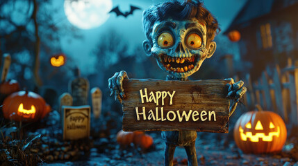 Happy dead holds old wooden sign with Halloween greeting text at graveyard, funny smiling zombie and jack pumpkins at night. Concept of party, horror, grave, banner, card