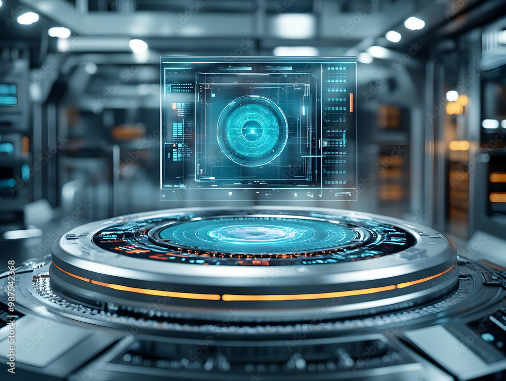Poster futuristic interface with holographic display hovering above a high-tech platform in a sleek environ