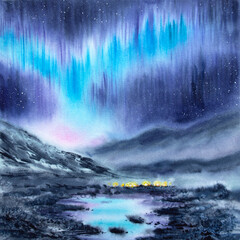 Hand-painted northern lights art. Watercolor northern lights. Watercolor winter landscape.