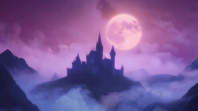 Mysterious castle silhouette with full moon and misty mountains in twilight.