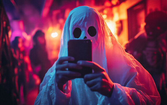 A person dressed as a white ghost takes photos with their phone at a Halloween-themed party, illuminated by colorful lights and creating a cinematic atmosphere.