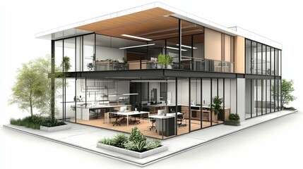 Modern Glass Office Building with Interior Design and Landscaping
