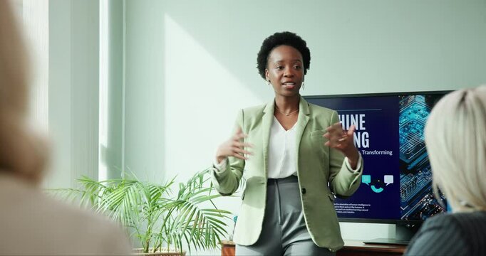 Meeting, presentation and woman with consulting in office for AI project, pitch and future development. IT, conference and business people with proposal for data science, training or machine learning