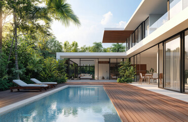 Beautiful modern villa with a wooden deck and swimming pool