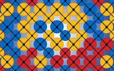 Abstract colorful circles grid. Geometric pattern with vibrant circles in red, blue, and yellow, forming an intricate grid with black lines, symbolizing unity and interconnectedness.