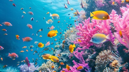 School of tropical fish on the colorful underwater coral reef. Scuba diving with sea wildlife. Marine life, reef with fish. Sea lily, corals and anthias fish.