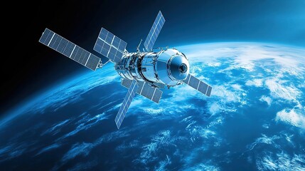 Obraz premium A high-tech satellite orbits above the Earth, showcasing solar panels against a vibrant blue planet and a backdrop of deep space.