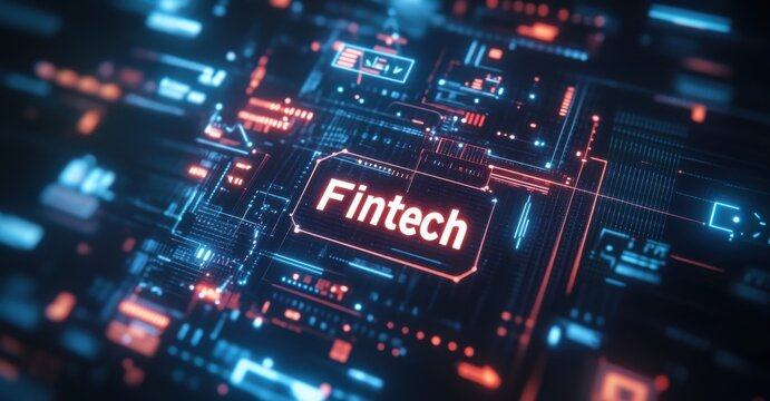 3D holographic representation of fintech technology concept with digital elements in blue and orange futuristic cyber background