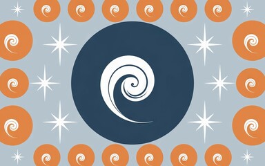 Obraz premium Wave and stars abstract design. Blue circle with a white wave and stars on a light gray background. Abstract design symbolizing the ocean and peace.