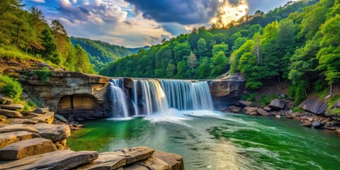 Fototapeta premium Majestic Cumberland Falls, embraced by vibrant greenery and rushing waters, captivates visitors in Kentucky's wilderness, offering a breathtaking natural spectacle amidst serene surroundings.