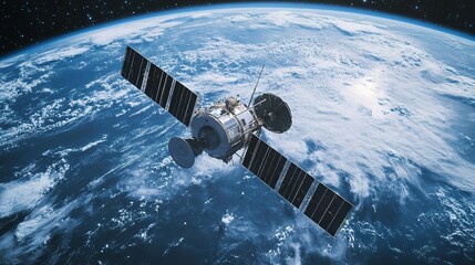 A detailed satellite orbits Earth, showcasing advanced technology against a backdrop of the planet's atmosphere and surface.